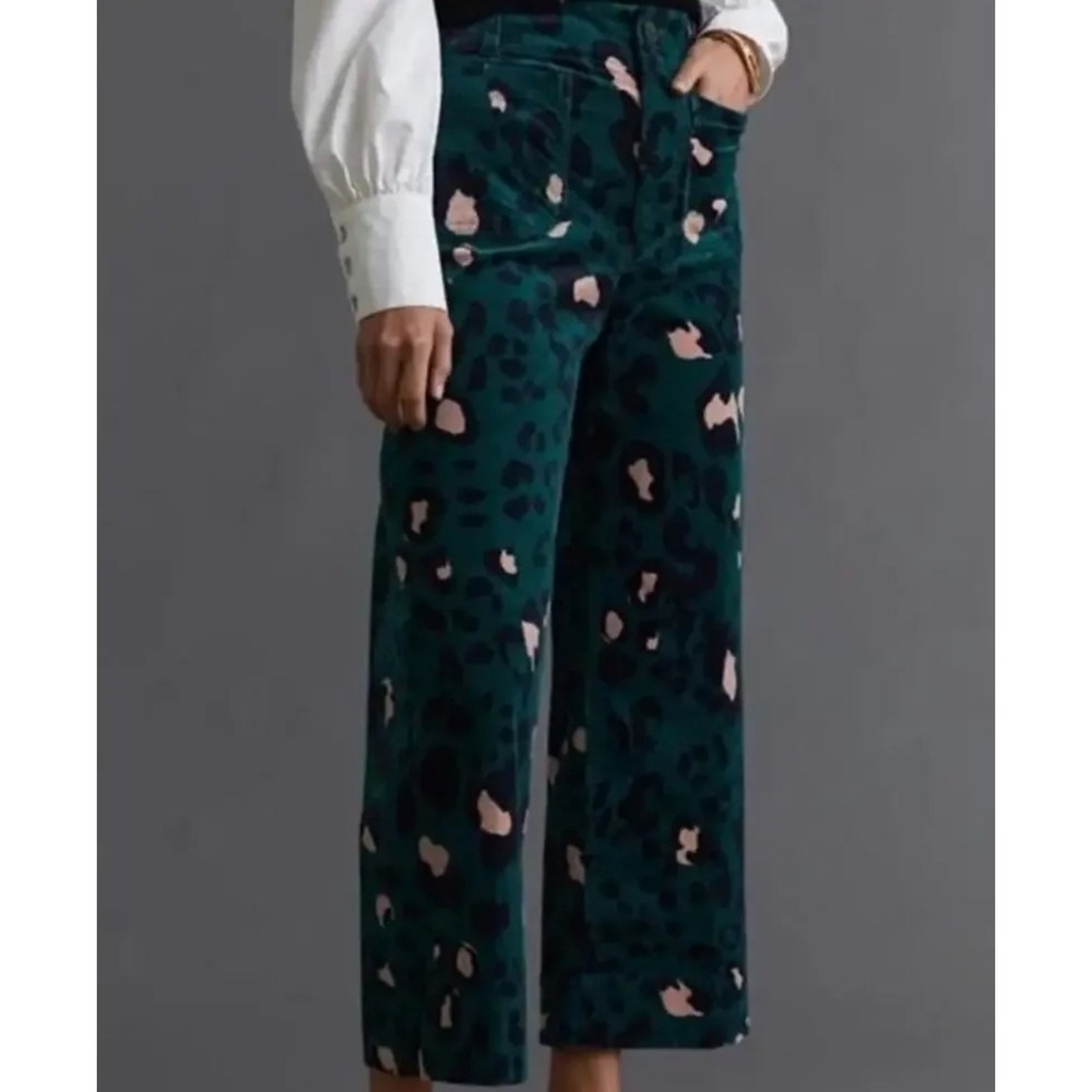 Anthropologie Maeve The Colette Green Leopard Corduroy Wide Leg Pants 28